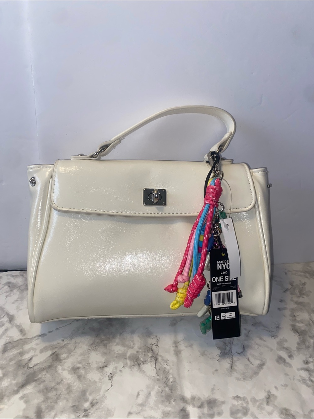 NYDJ Cream Patent Top-Handle Satchel with Multicolor Tassel Charm